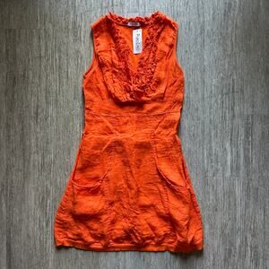 Puro Lino Orange Ruffle V-Neck Linen/Cotton Waist Pockets A-Line Dress Size L/XL